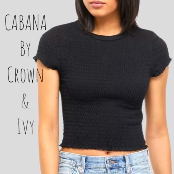 crown & ivy Tops - CABANA by CROWN & IVY Junior's Short Sleeve Smocked T-Shirt in Black